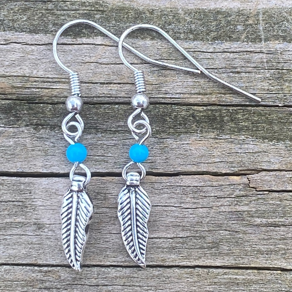Feather dainty drop earrings silver plated with turquoise color bead